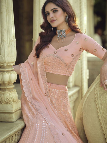 Peach Georgette Partywear Lehenga Choli Clothsvilla