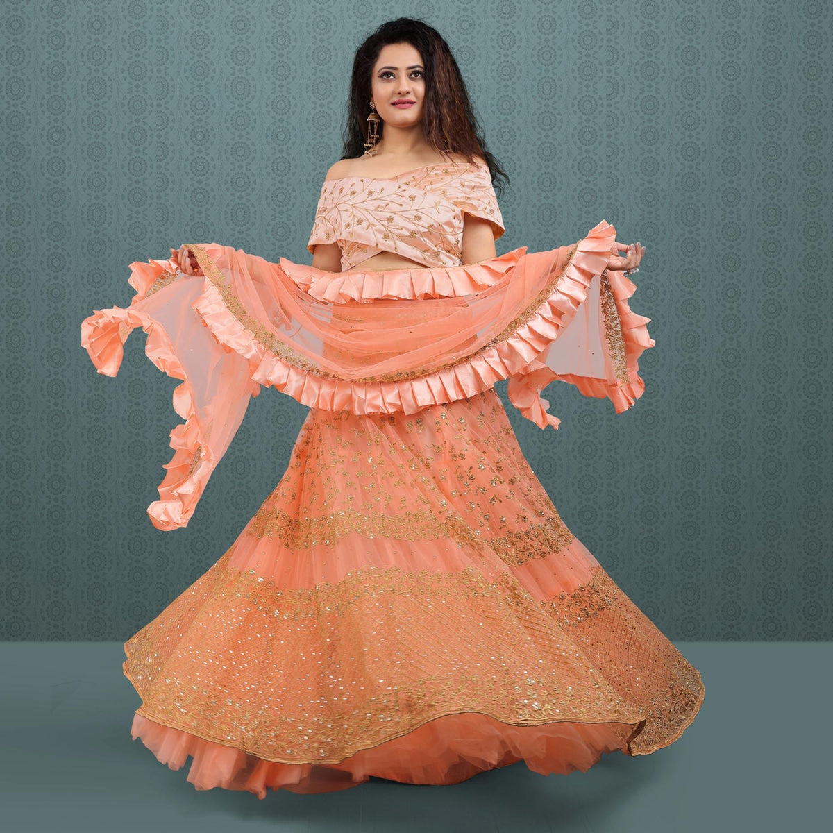 Peach Party Wear Sequins Embroidered Net Lehenga Choli Clothsvilla Main image