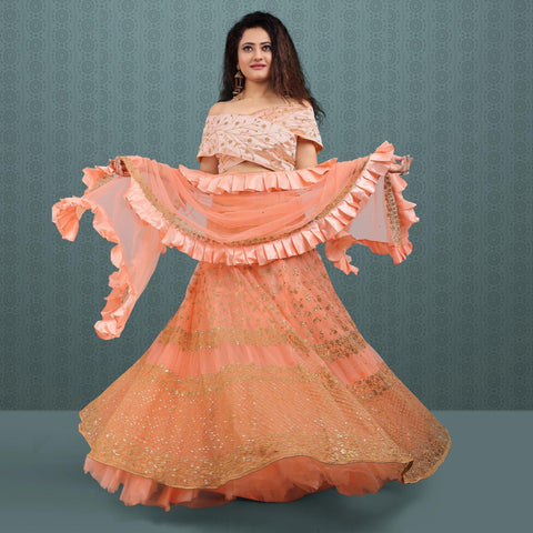 Peach Party Wear Sequins Embroidered Net Lehenga Choli Clothsvilla Main image