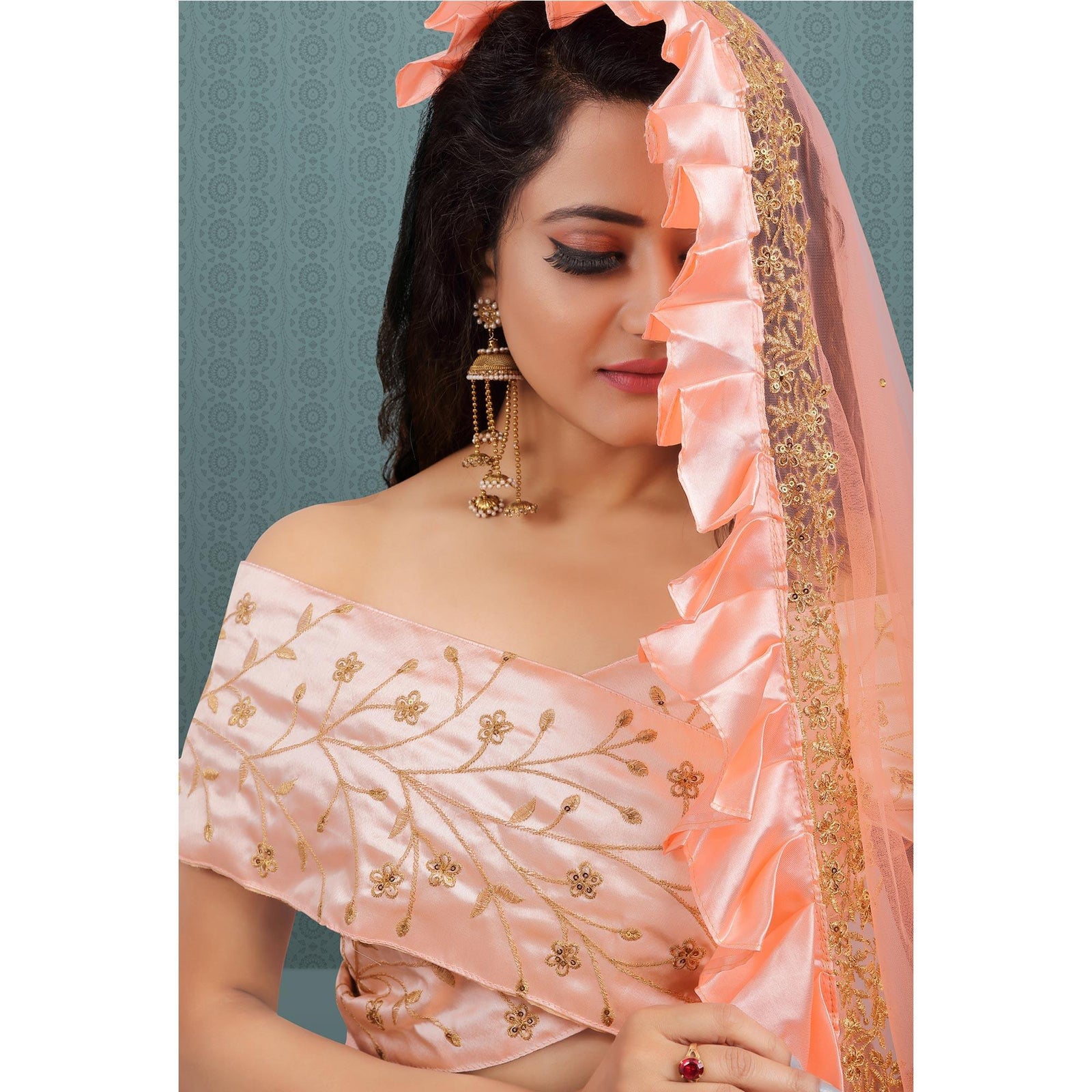 Peach Party Wear Sequins Embroidered Net Lehenga Choli Clothsvilla
