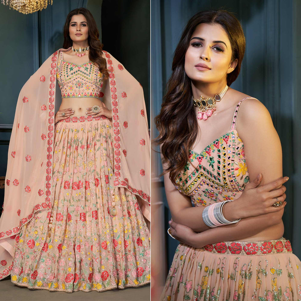 Peach Partywear Resham Sequins Georgette Lehenga Choli Clothsvilla