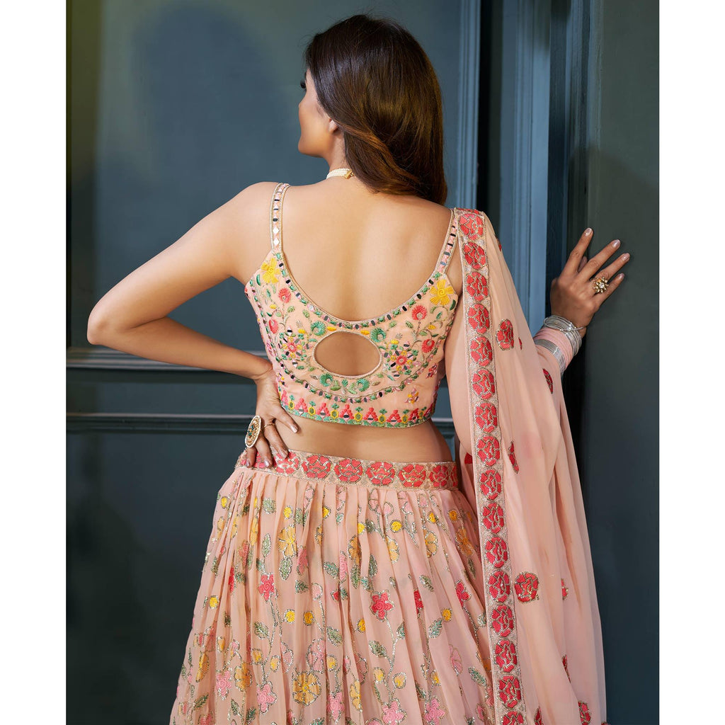 Peach Partywear Resham Sequins Georgette Lehenga Choli Clothsvilla