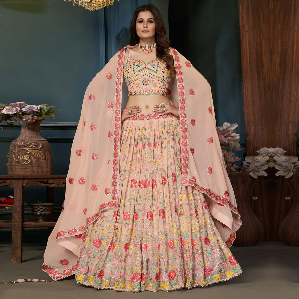 Peach Partywear Resham Sequins Georgette Lehenga Choli Clothsvilla