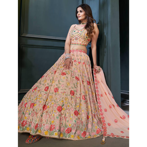 Peach Partywear Resham Sequins Georgette Lehenga Choli Clothsvilla