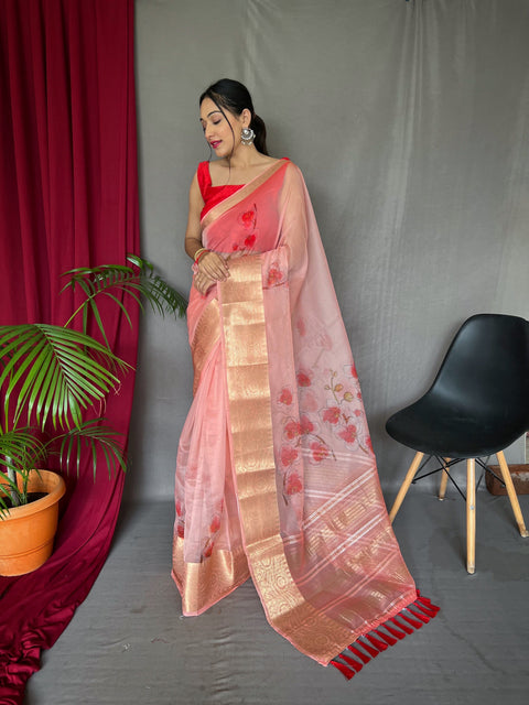 Organza Digital Floral Printed Saree Blush Pink Clothsvilla Main image