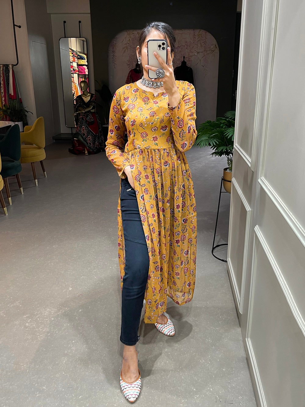 Peanut Color Floral Printed Chiffon Naira Cut Kurti Clothsvilla