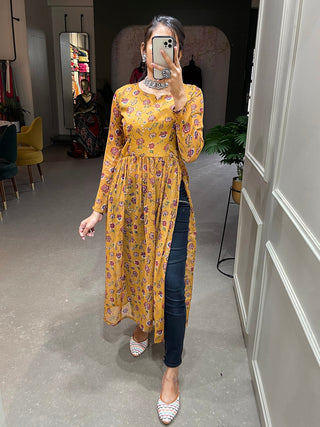 Peanut Color Floral Printed Chiffon Naira Cut Kurti Clothsvilla