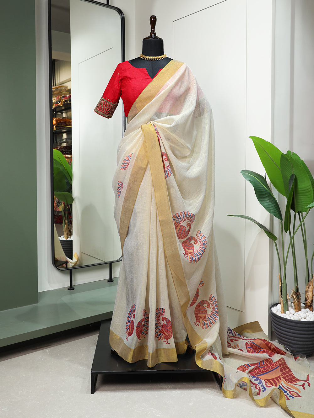 Peacock Design Printed Kasavu Zari Border Saree Clothsvilla
