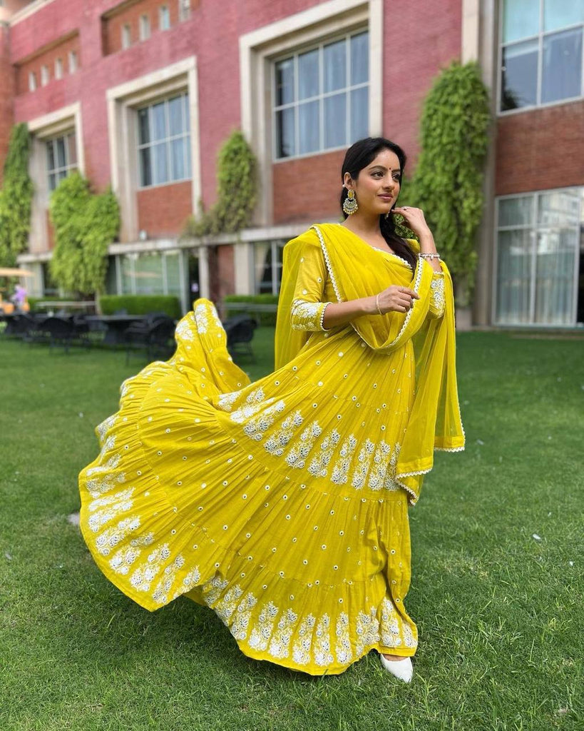 Ruffle Style Yellow Color Gown Clothsvilla