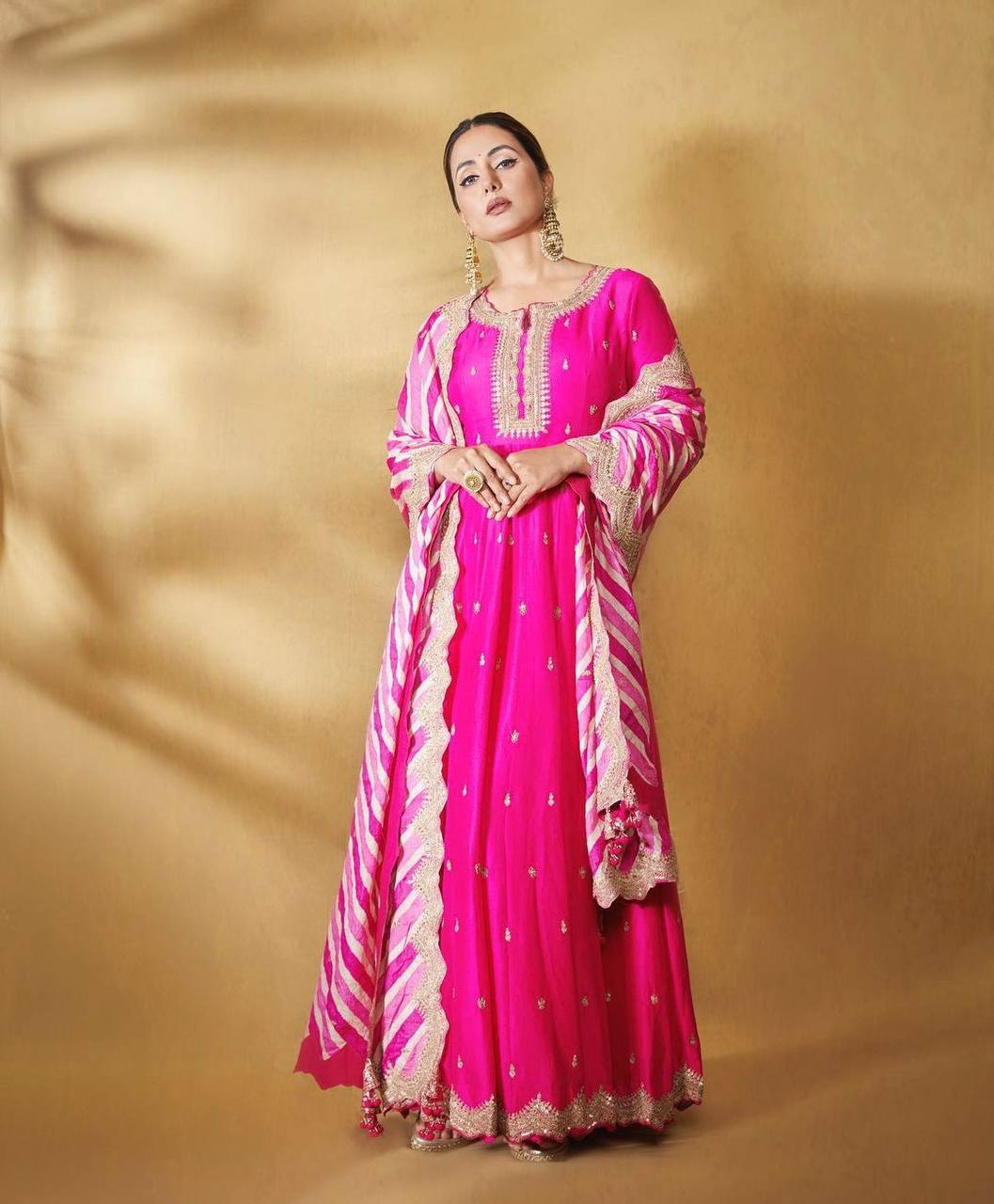 Hina Khan Wear Pink Color Embroidery Work Gown Clothsvilla