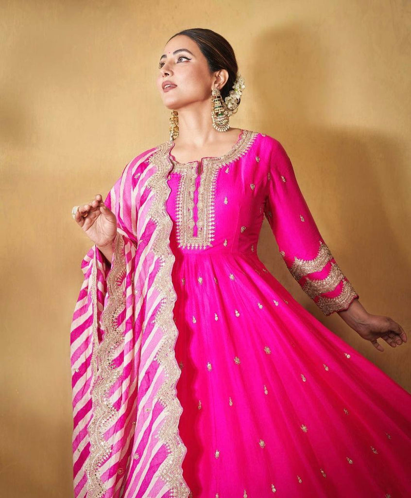 Hina Khan Wear Pink Color Embroidery Work Gown Clothsvilla