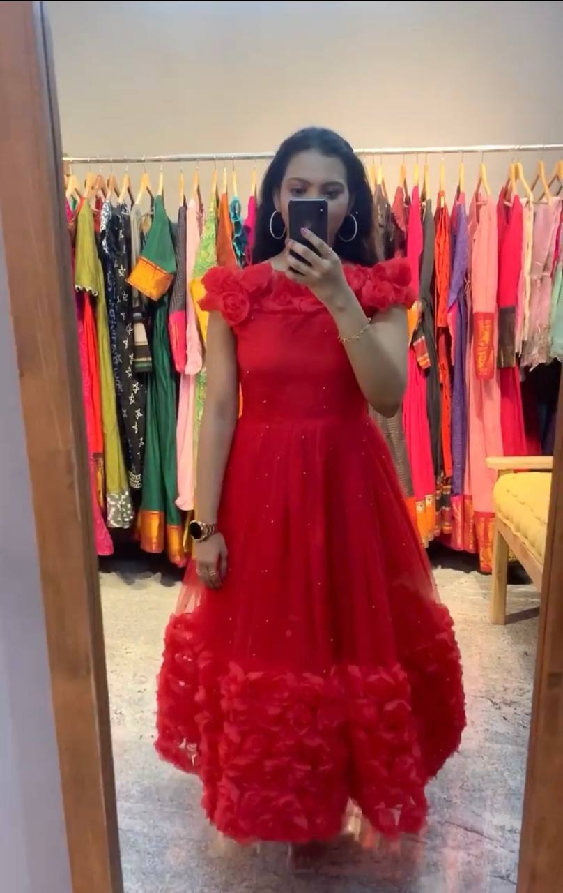 Rose Flower Ribbon Work Red Color Net Gown Clothsvilla