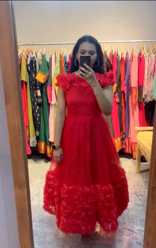 Rose Flower Ribbon Work Red Color Net Gown Clothsvilla