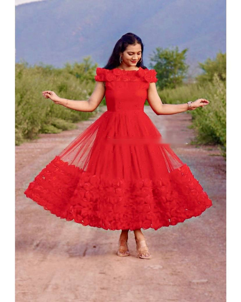 Rose Flower Ribbon Work Red Color Net Gown Clothsvilla