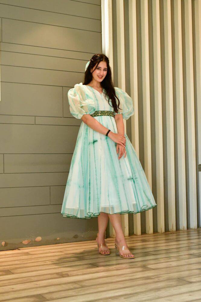Designer Sky Blue Color Shibori Print Balloon Sleeve Dress Clothsvilla