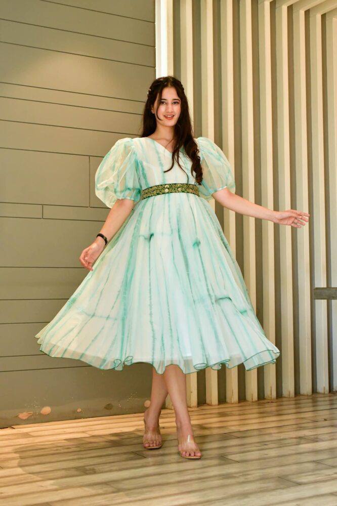 Designer Sky Blue Color Shibori Print Balloon Sleeve Dress Clothsvilla
