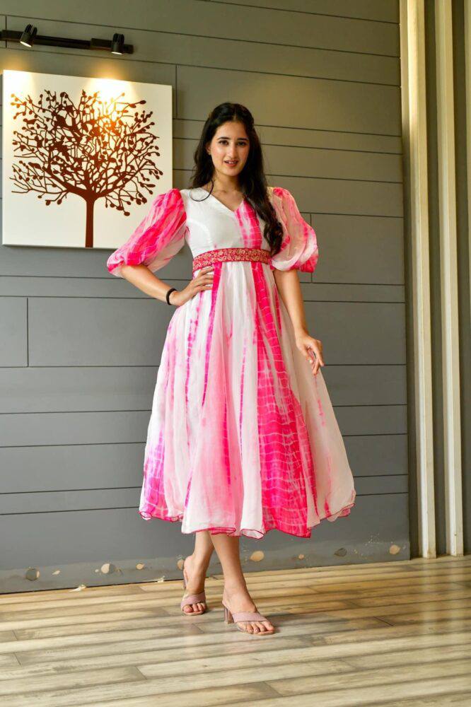 Designer Pink Color Shibori Print Balloon Sleeve Dress Clothsvilla