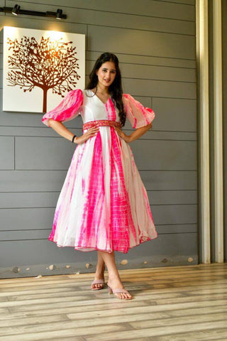 Designer Pink Color Shibori Print Balloon Sleeve Dress Clothsvilla