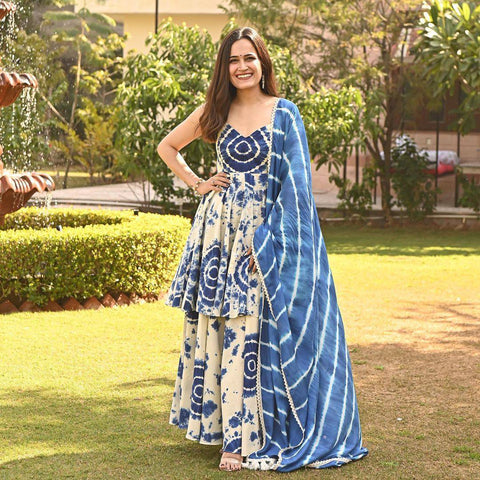 Beautiful Printed Blue And White Color Plazzo Suit Clothsvilla Main image