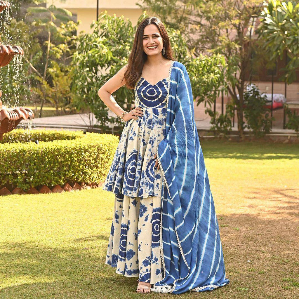 Beautiful Printed Blue And White Color Plazzo Suit Clothsvilla