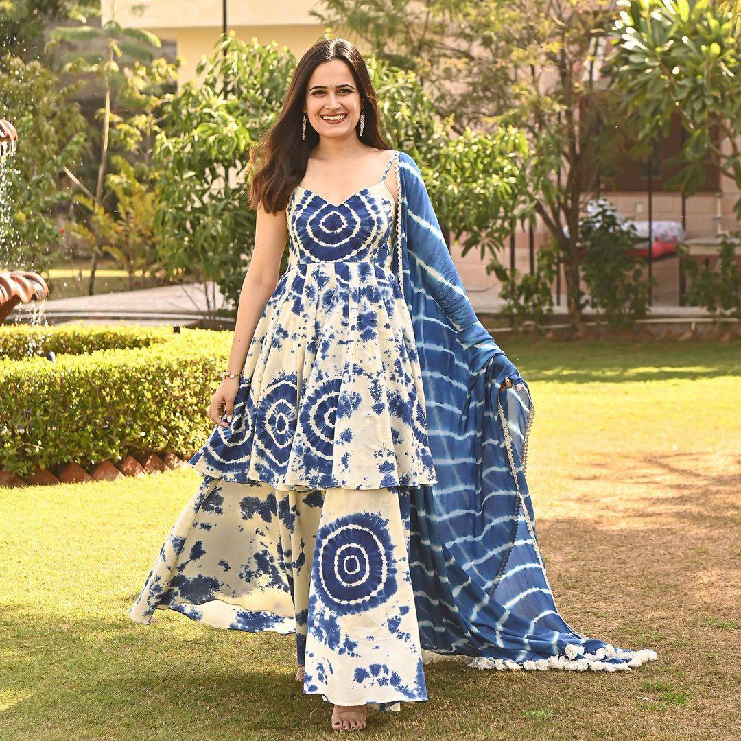Beautiful Printed Blue And White Color Plazzo Suit Clothsvilla