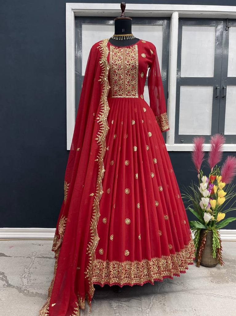 Party Wear Red Color Embroidery Sequence Work Gown Clothsvilla