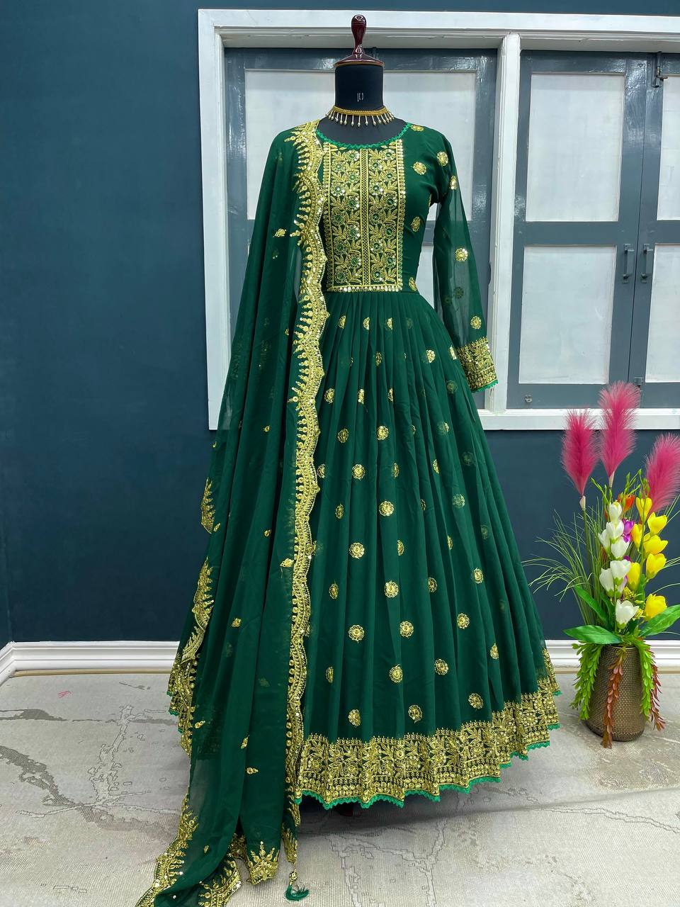 Party Wear Green Color Embroidery Sequence Work Gown Clothsvilla Main image