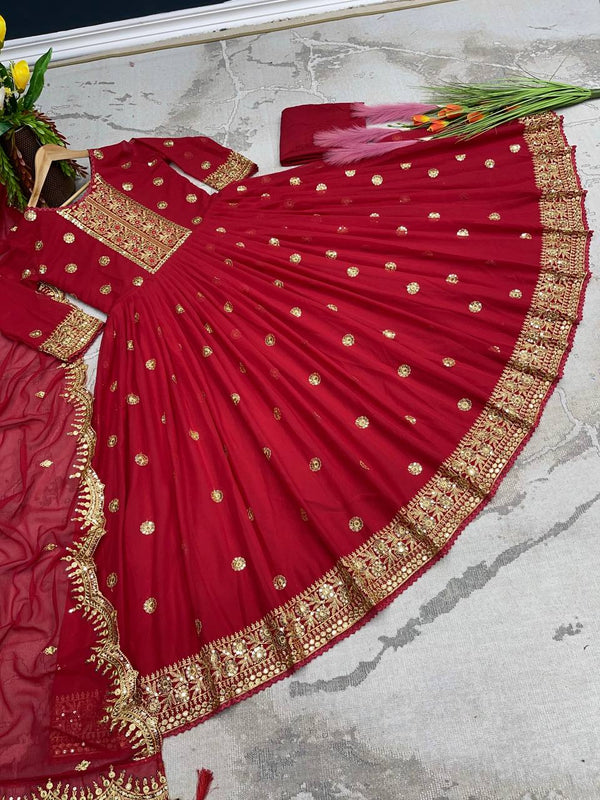 Party Wear Red Color Embroidery Sequence Work Gown Clothsvilla