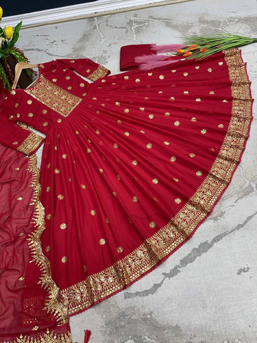 Party Wear Red Color Embroidery Sequence Work Gown Clothsvilla