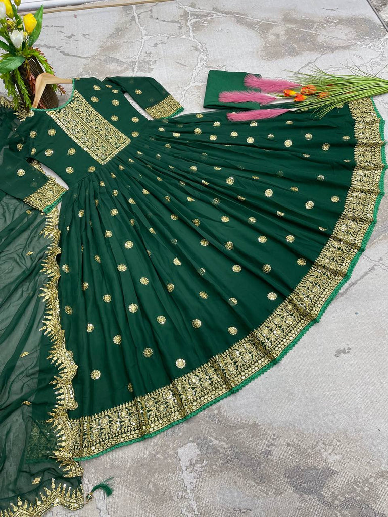 Party Wear Green Color Embroidery Sequence Work Gown Clothsvilla