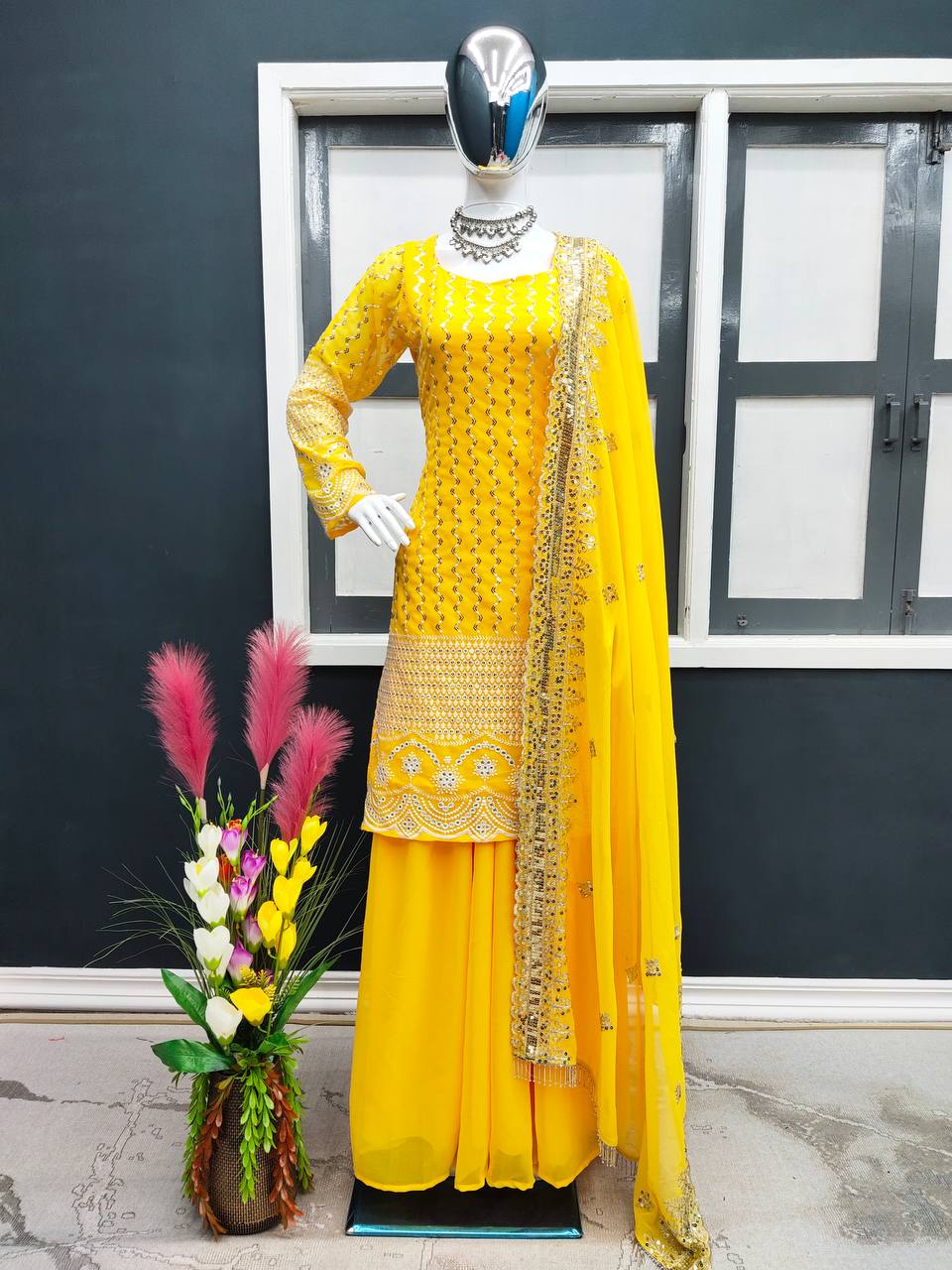 Yellow Color Sequence Embroidery Work Sharara Suit for Haldi Clothsvilla Main image