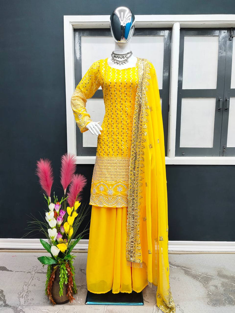 Yellow Color Sequence Embroidery Work Sharara Suit for Haldi Clothsvilla