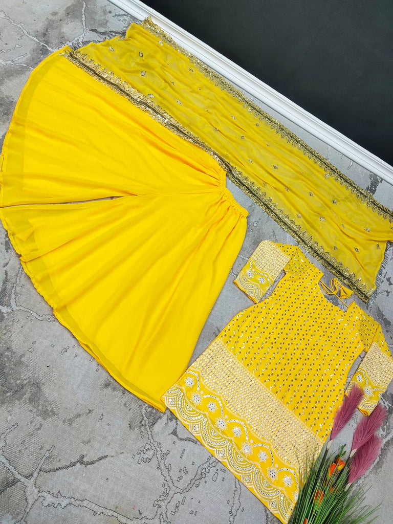 Yellow Color Sequence Embroidery Work Sharara Suit for Haldi Clothsvilla