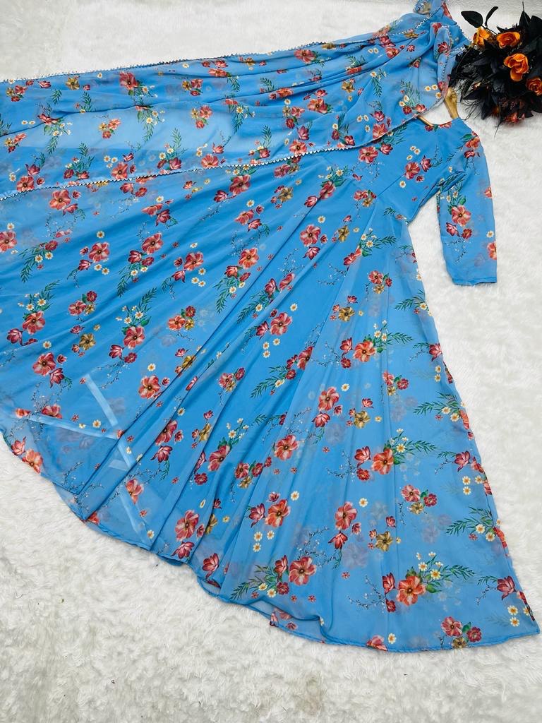 Floral Printed Sky Blue Color Designer Gown Clothsvilla