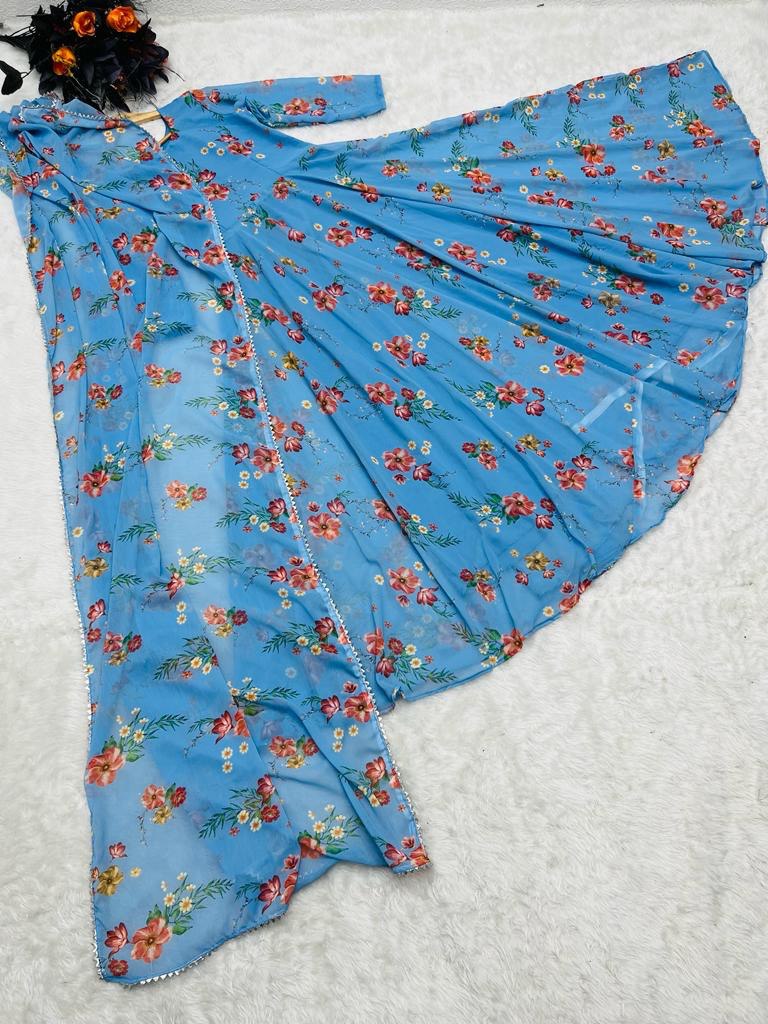 Floral Printed Sky Blue Color Designer Gown Clothsvilla
