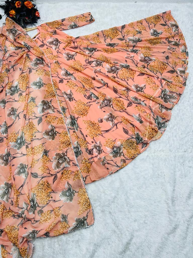 Women Peach Floral Printed Dress With Three Quarter Sleeves