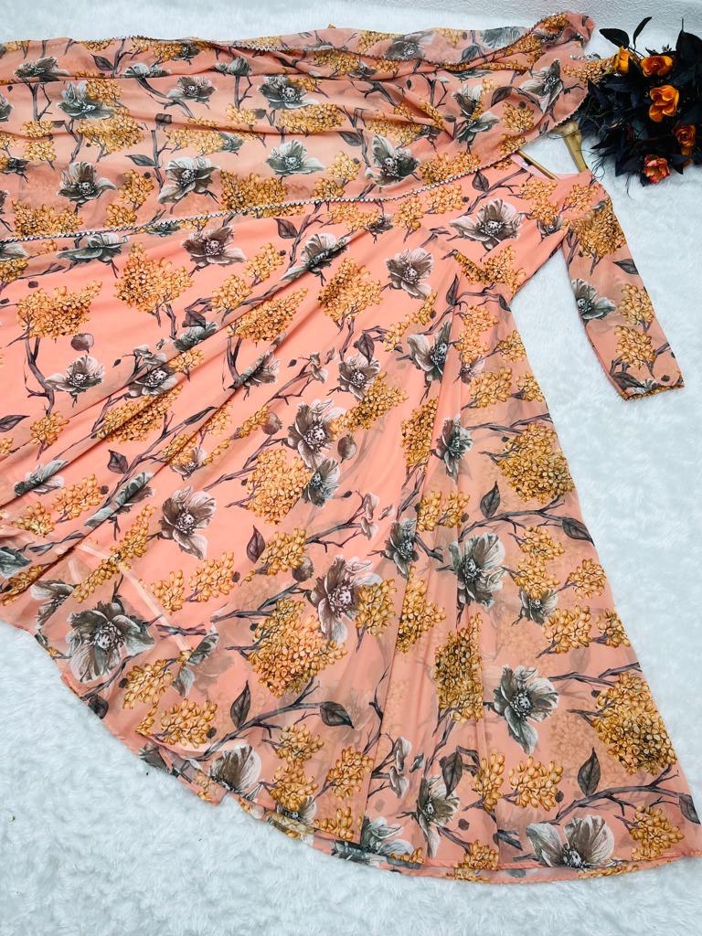 Floral Printed Peach Color Designer Gown Clothsvilla