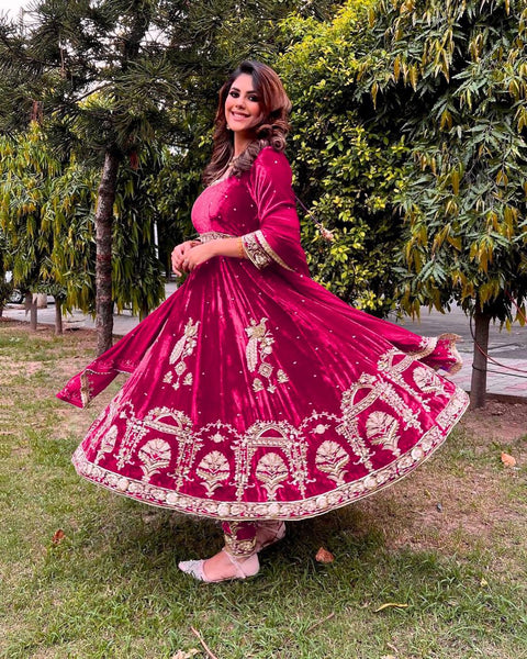 Stylish Pink Color Embroidery Work Velvet Gown Clothsvilla Main image