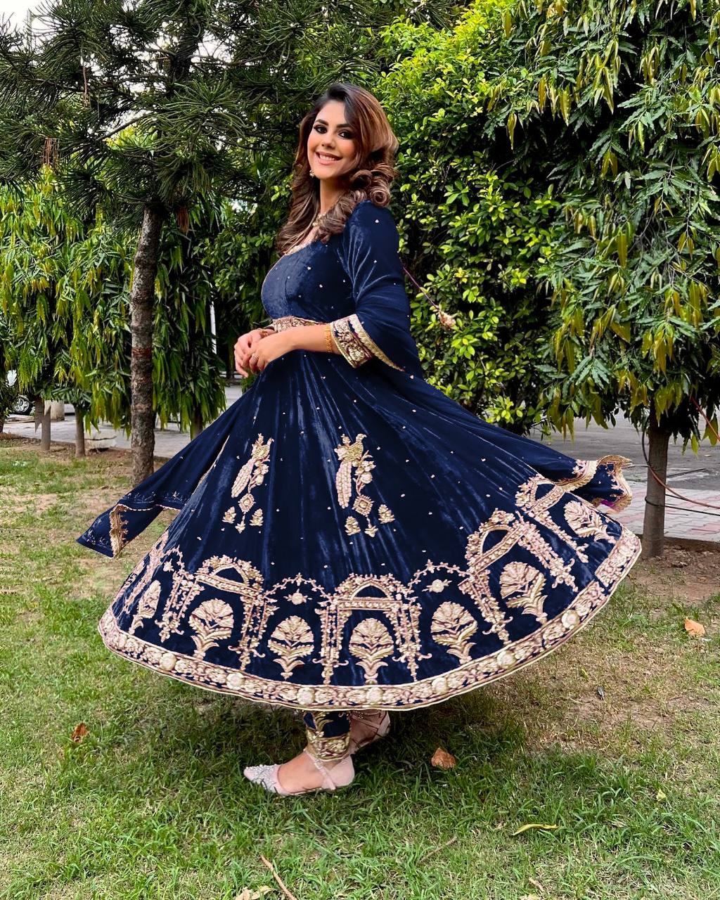 Stylish Blue Color Embroidery Work Velvet Gown Clothsvilla