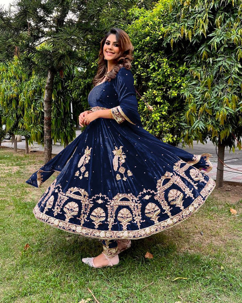 Stylish Blue Color Embroidery Work Velvet Gown Clothsvilla Main image