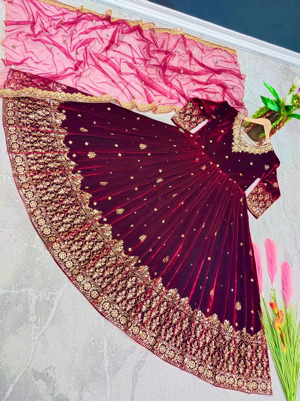 Adorable Red Color Sequence Work Velvet Gown Clothsvilla