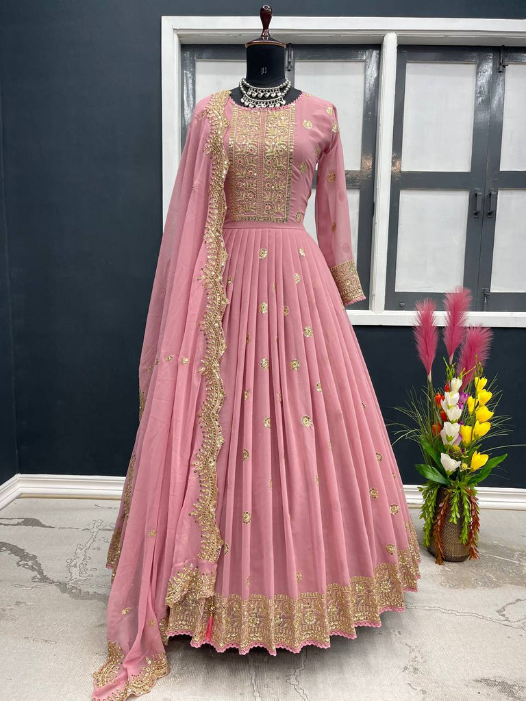 Designer Light Pink Embroidery Work Gown Clothsvilla