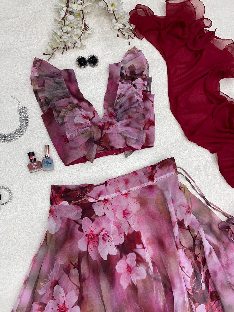 Maroon Color Digital Printed Organza Lehenga Choli