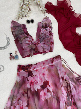 Maroon Color Digital Printed Organza Lehenga Choli