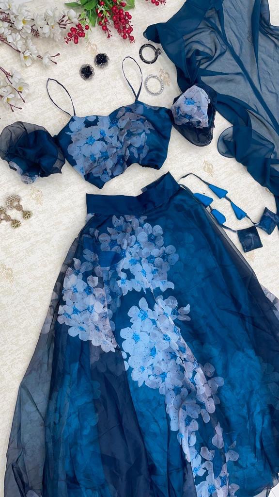 Sky Blue Organza Lehenga Choli With Floral Print and Embroidery With  Dupatta in USA, UK, Malaysia, South Africa, Dubai, Singapore