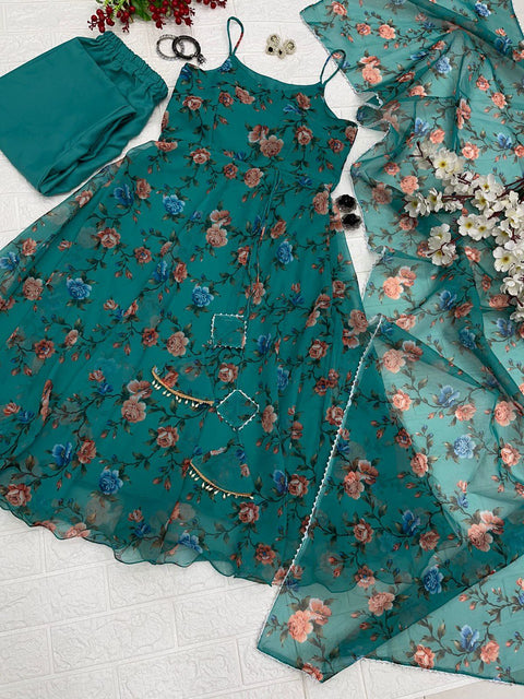 Fabulous Flower Print Green Color Anarkali Suit Main image
