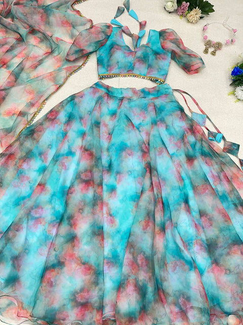 Multi-printed Sky Blue Color Organza Lehenga Choli Main image