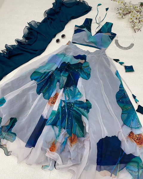 Exclusive Digital Print Teal Blue Lehenga Choli Main image