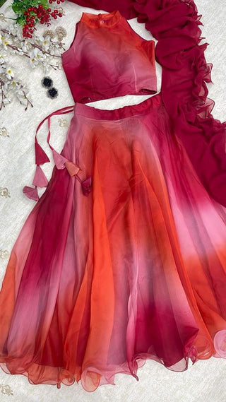Red Color Digital Printed Organza Silk Lehenga Choli Clothsvilla