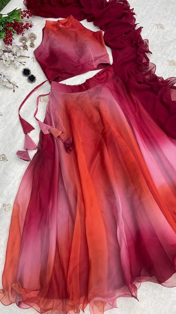 Red Color Digital Printed Organza Silk Lehenga Choli Clothsvilla